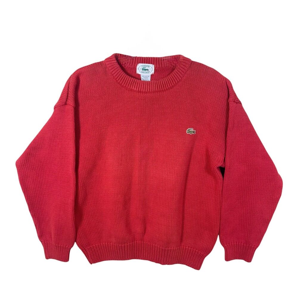 Vintage 80s Chemise Lacoste Chunky Knit Crewneck Sweater Red Cotton Large